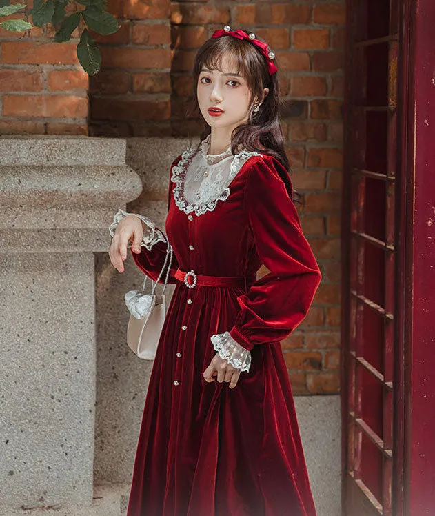 Velvet Lace Midi Dress (Red)