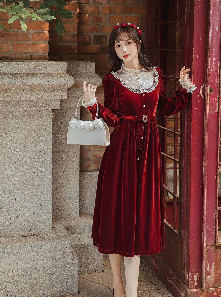 Velvet Lace Midi Dress (Red)