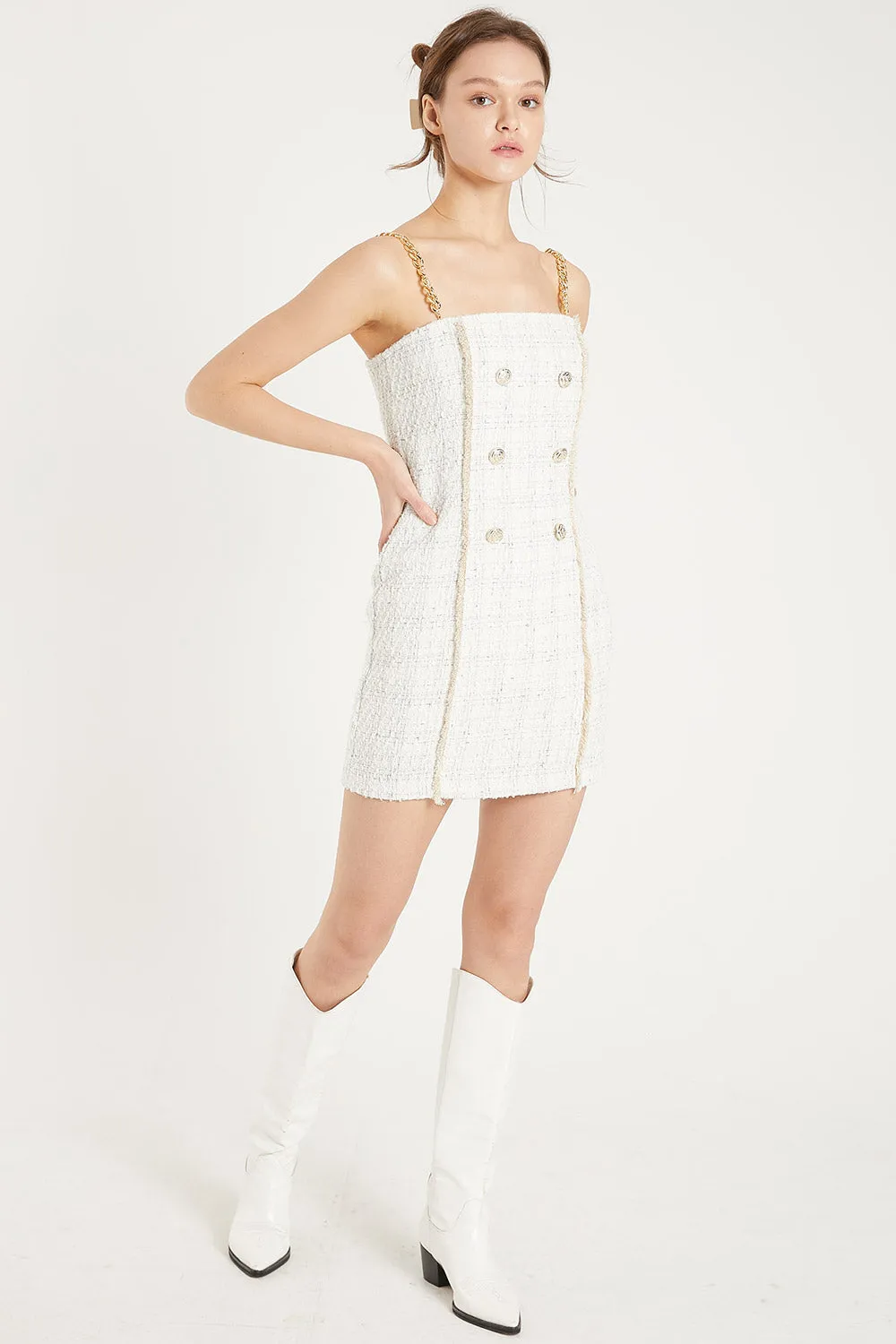 Vivi Tweed Mini Dress with Gold Chain