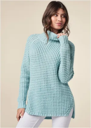 Waffle Stitch Lurex Turtleneck Sweater - Light Blue