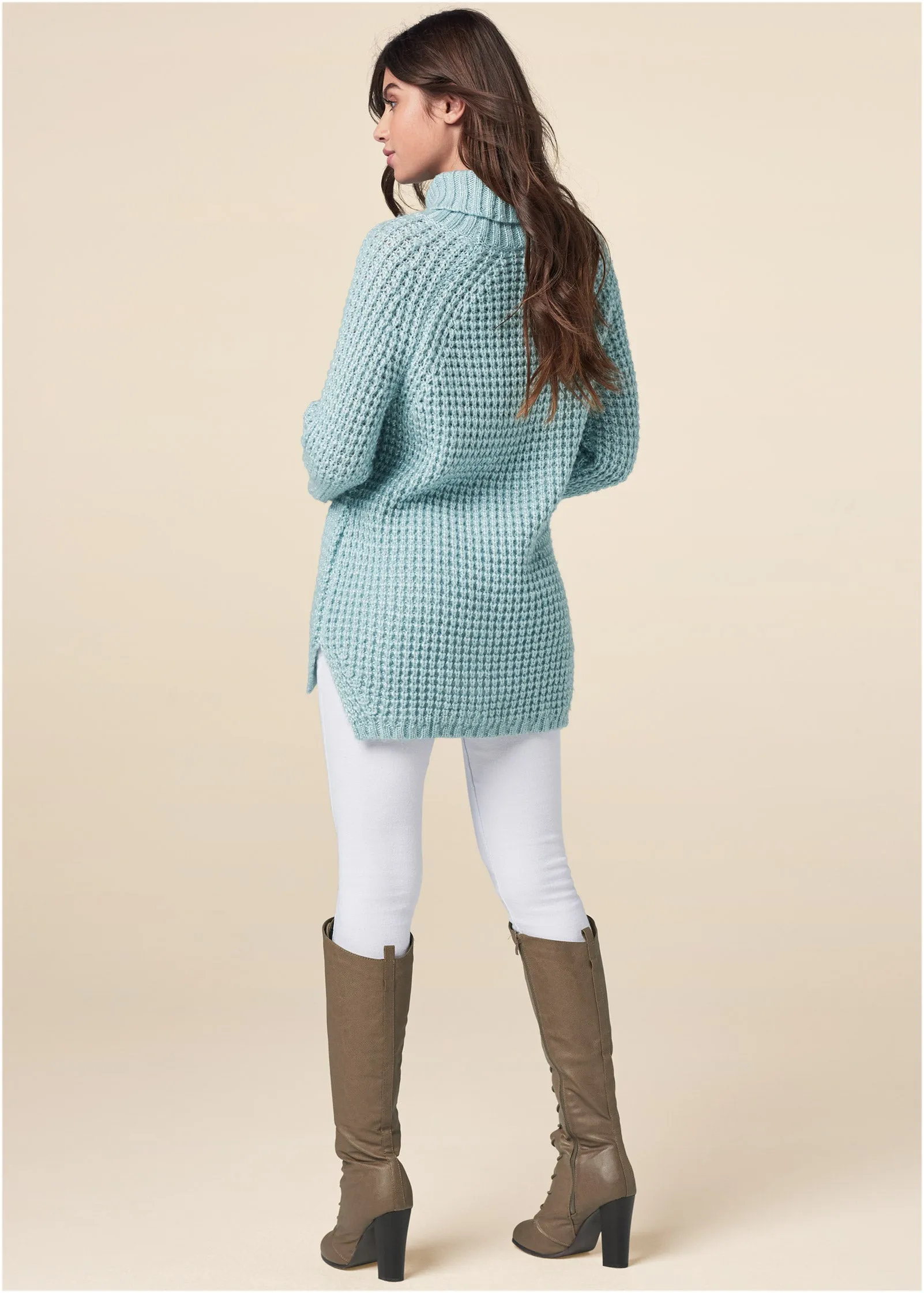 Waffle Stitch Lurex Turtleneck Sweater - Light Blue