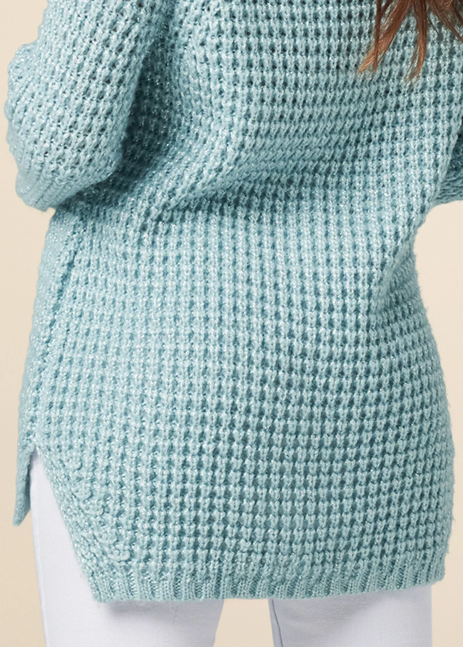Waffle Stitch Lurex Turtleneck Sweater - Light Blue