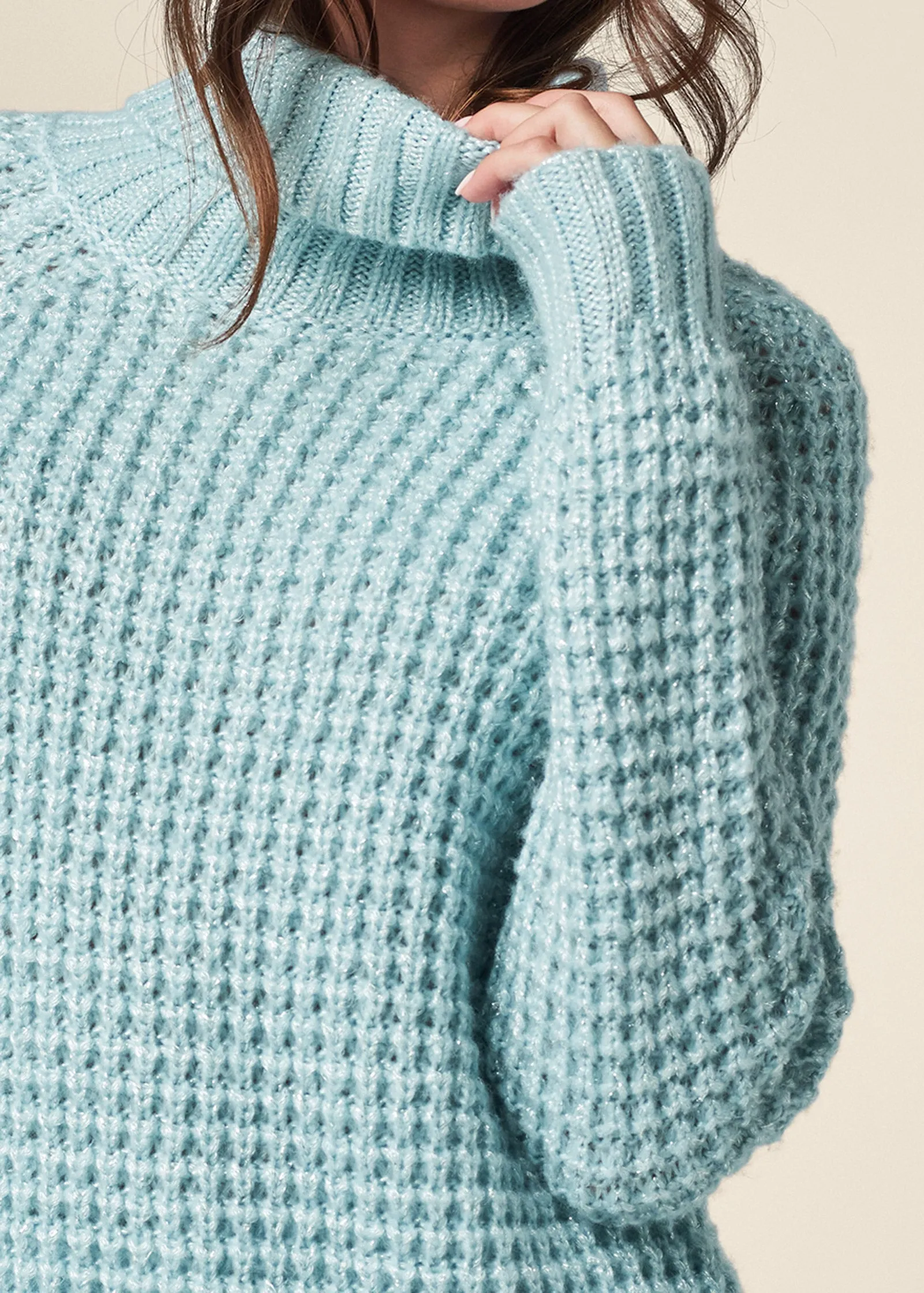 Waffle Stitch Lurex Turtleneck Sweater - Light Blue