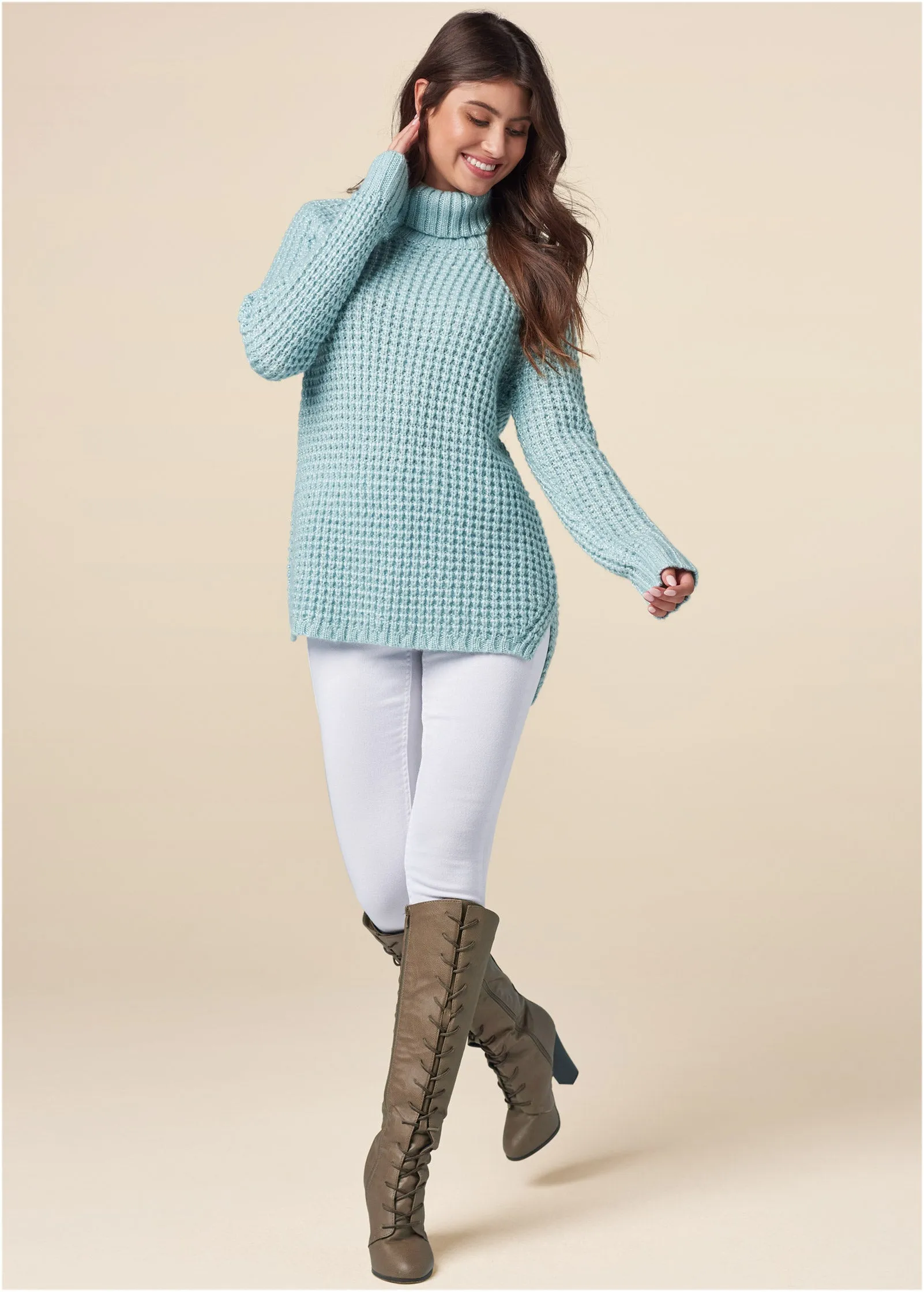 Waffle Stitch Lurex Turtleneck Sweater - Light Blue