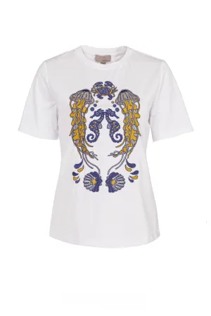 White crew neck short sleeve embroidered T-shirt