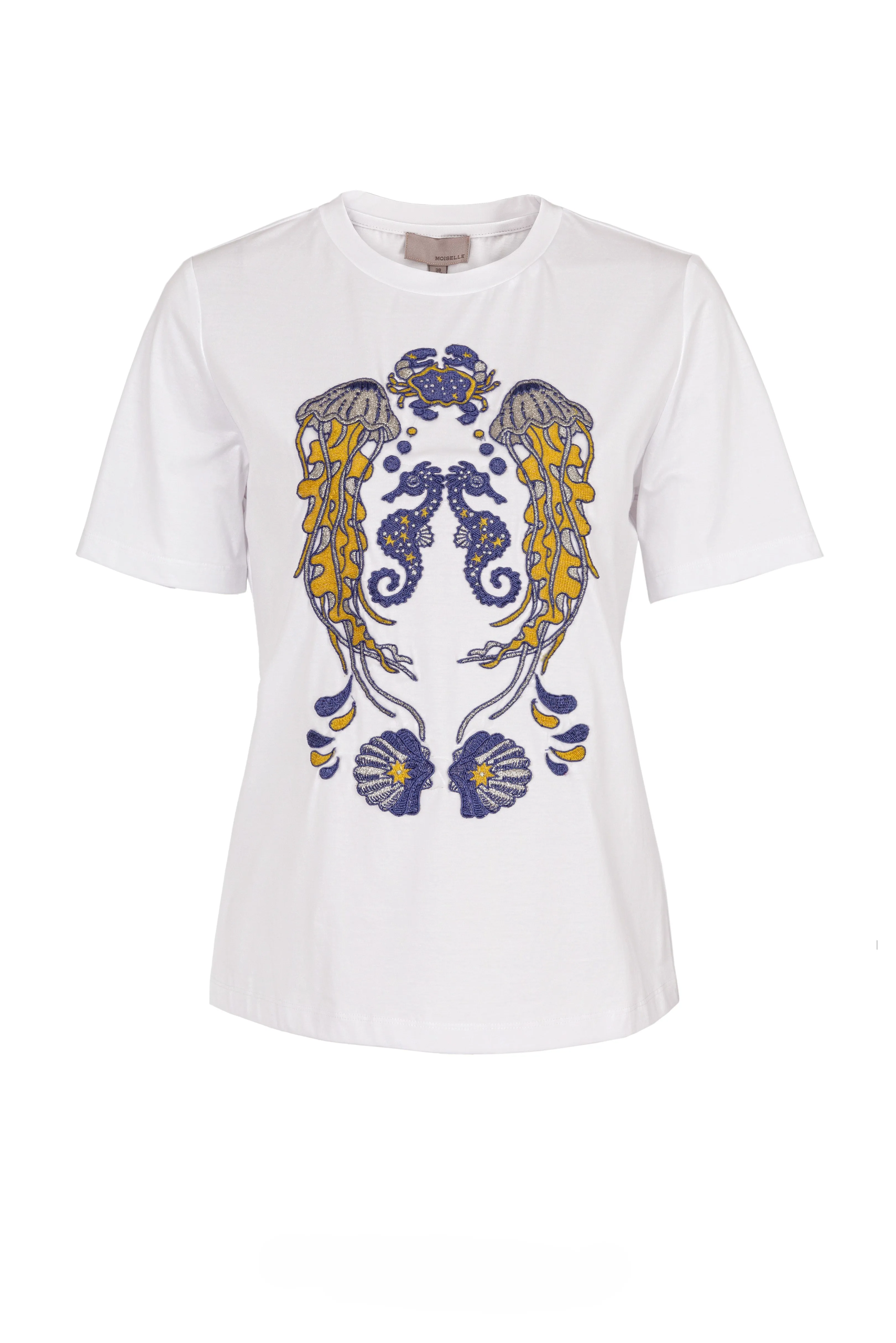 White crew neck short sleeve embroidered T-shirt