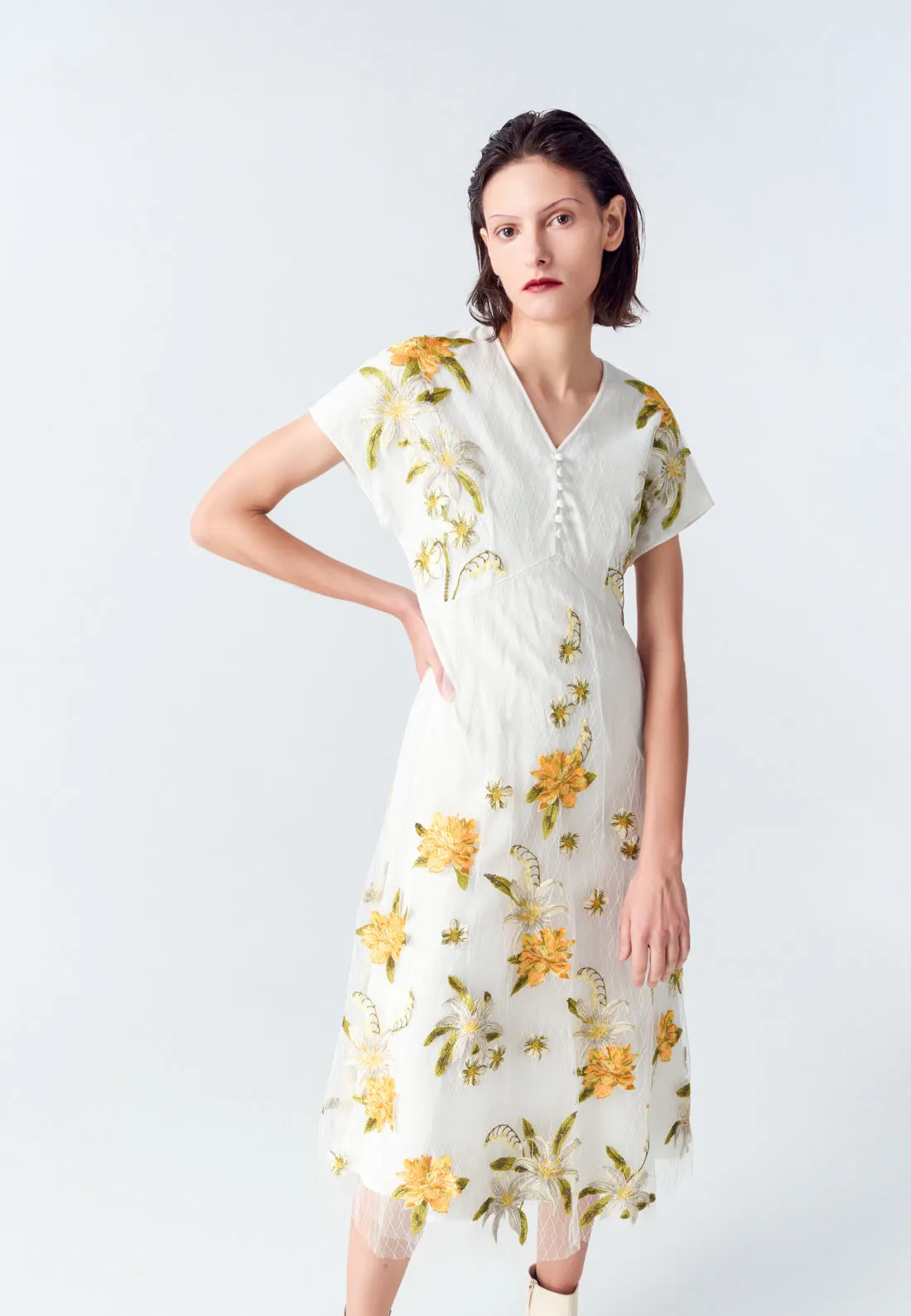 White Floral Embroidered Mesh Cap-sleeves Dress