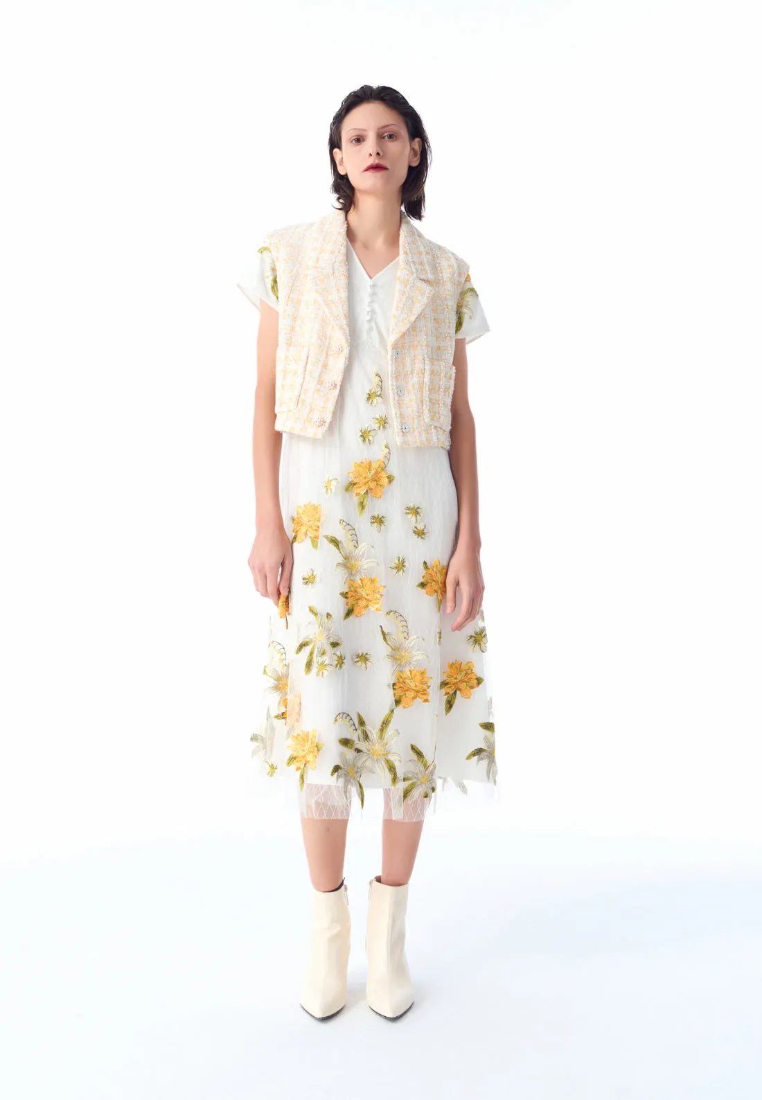 White Floral Embroidered Mesh Cap-sleeves Dress