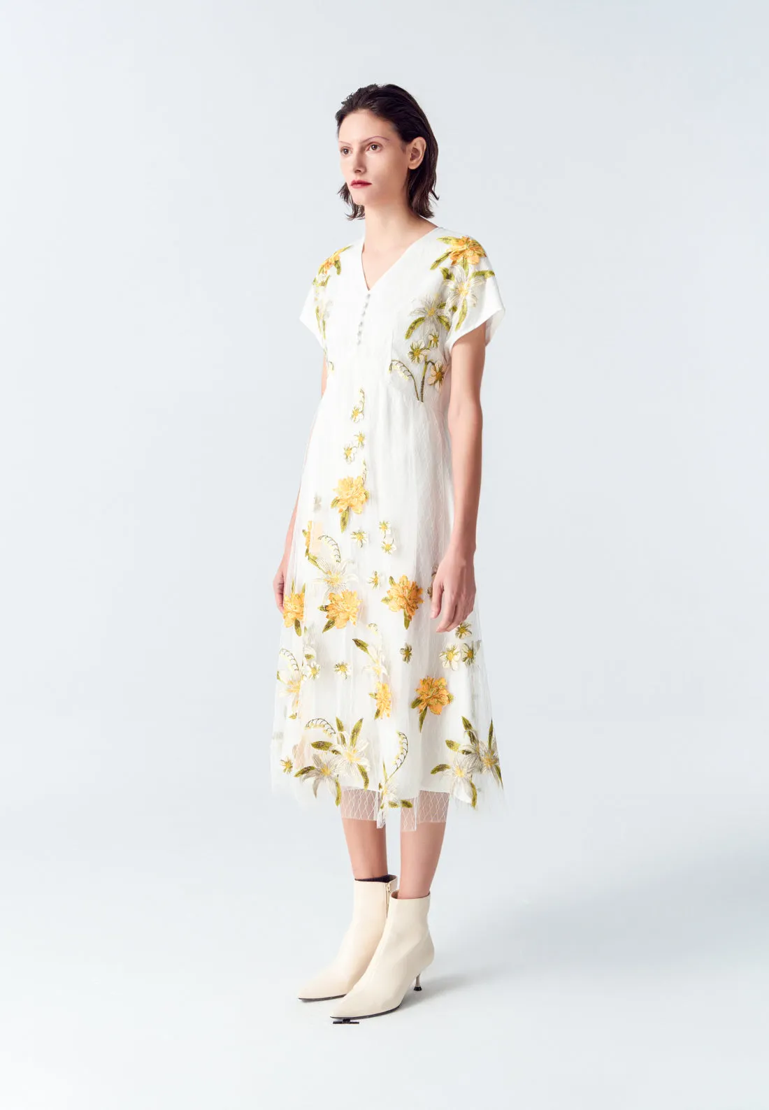 White Floral Embroidered Mesh Cap-sleeves Dress