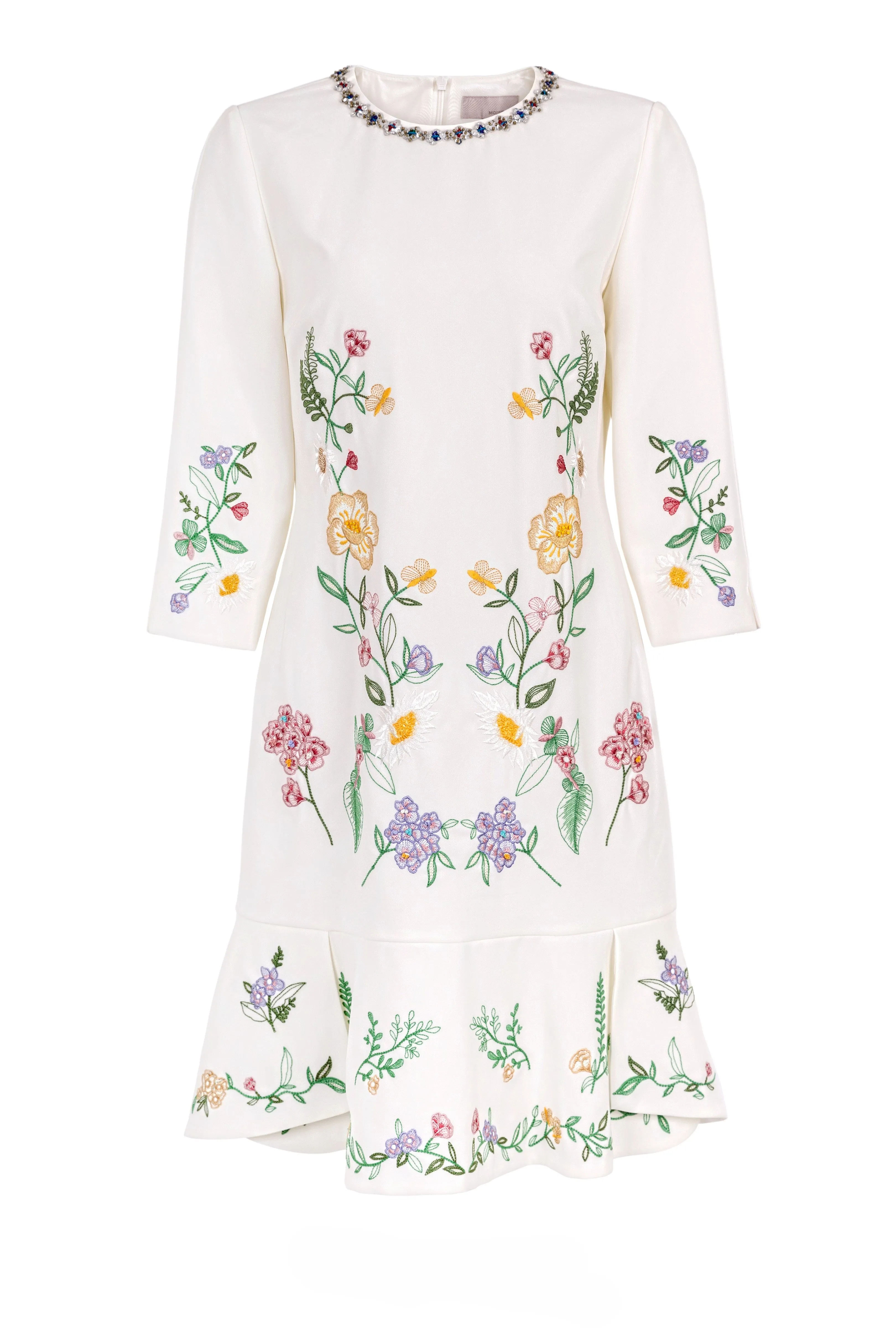 White Flower Embroidered Long Sleeve Dress