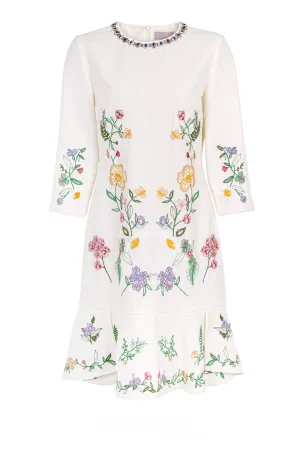 White Flower Embroidered Long Sleeve Dress