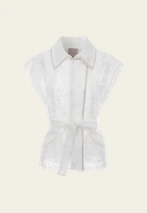 White Lace Cap Sleeves Tie-waist Vest