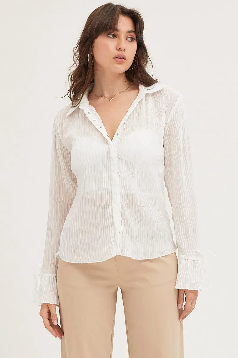 White Pleated Shirt Long Flare Sleeve