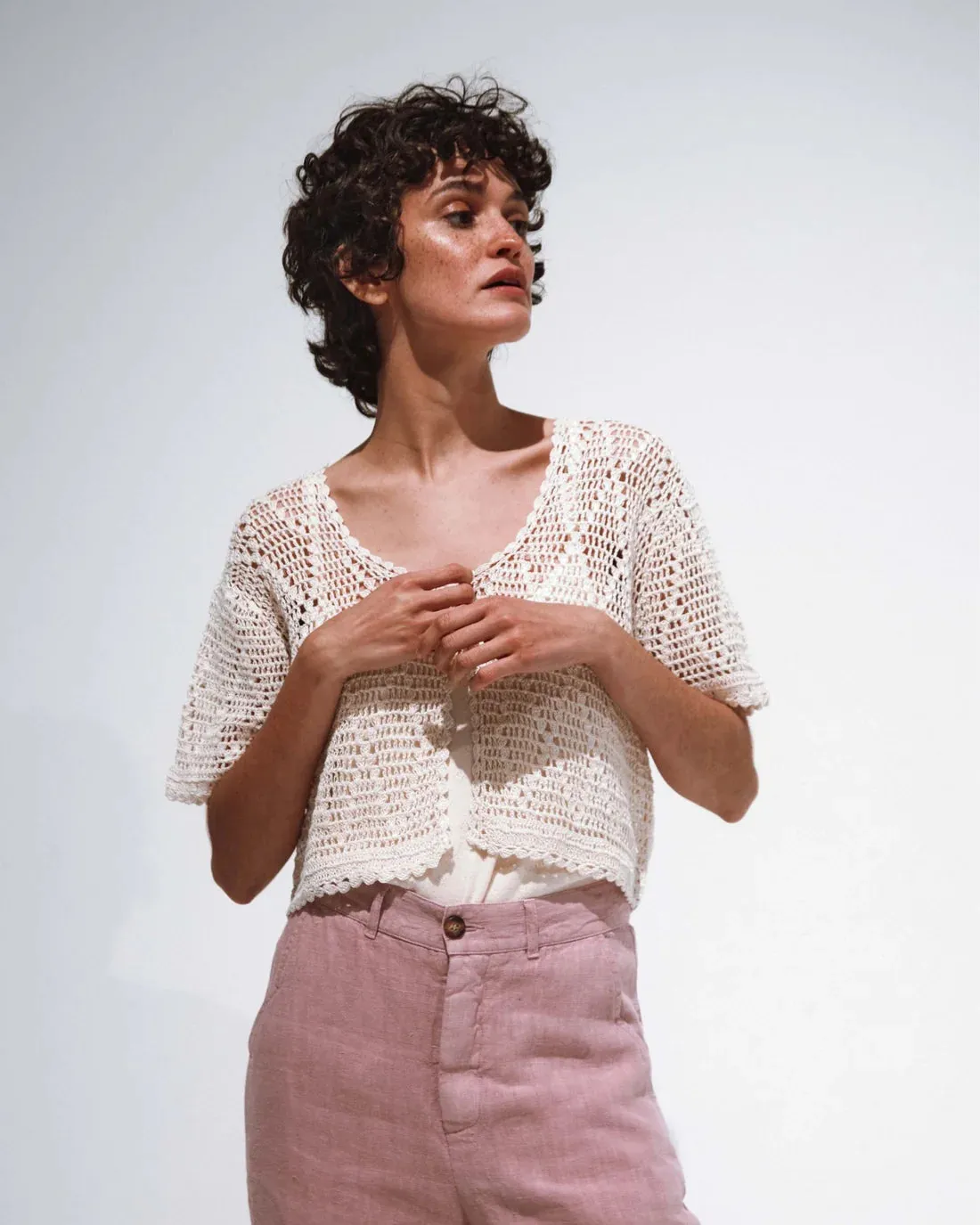 Women Cardigan Crochet Off-white - قصيرة