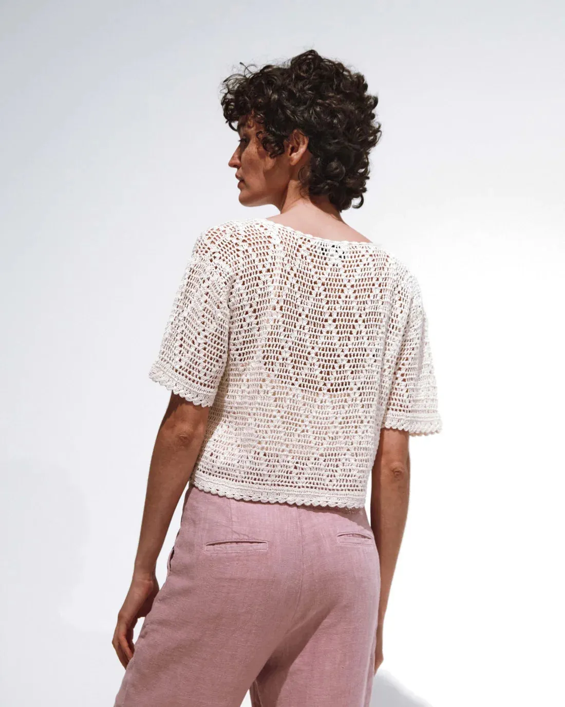 Women Cardigan Crochet Off-white - قصيرة