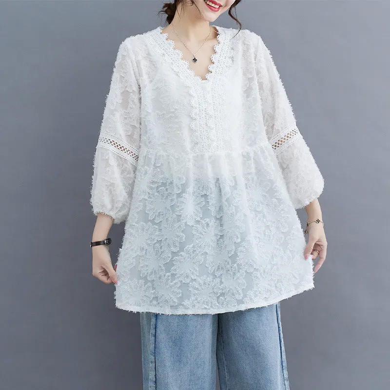 Women Sheer Lace Floral Embroidered V-Neck Loose Blouses