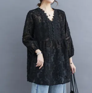 Women Sheer Lace Floral Embroidered V-Neck Loose Blouses