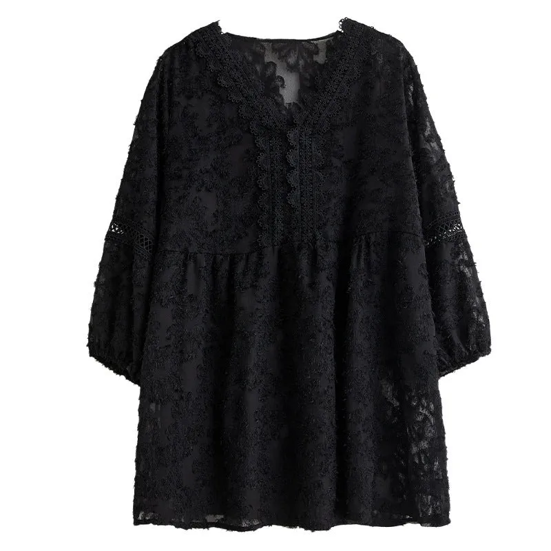 Women Sheer Lace Floral Embroidered V-Neck Loose Blouses