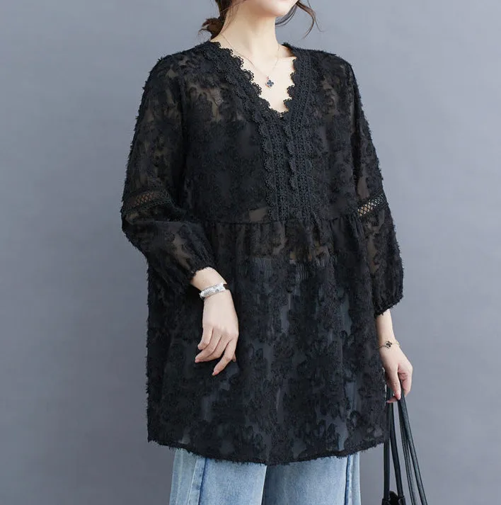Women Sheer Lace Floral Embroidered V-Neck Loose Blouses