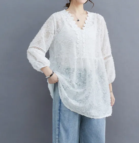 Women Sheer Lace Floral Embroidered V-Neck Loose Blouses
