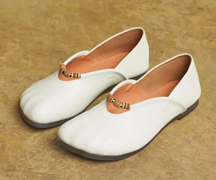 Women Spring Elegant Beaded Retro Soft Leather Loafers