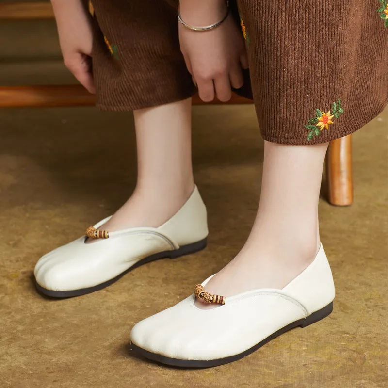 Women Spring Elegant Beaded Retro Soft Leather Loafers