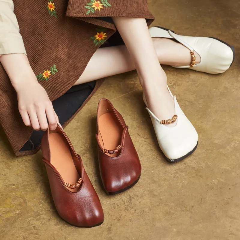 Women Spring Elegant Beaded Retro Soft Leather Loafers