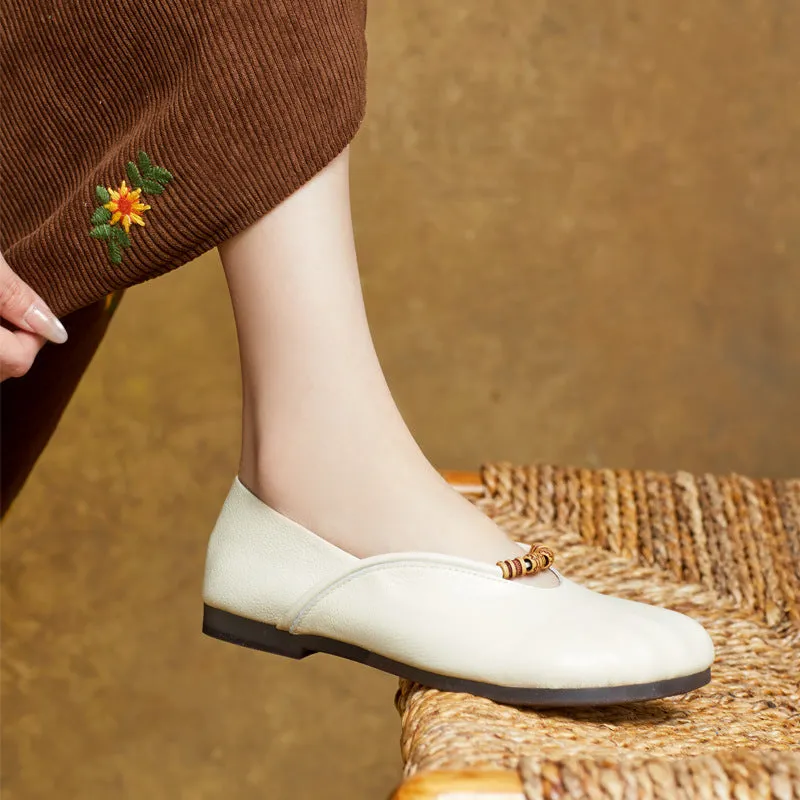 Women Spring Elegant Beaded Retro Soft Leather Loafers