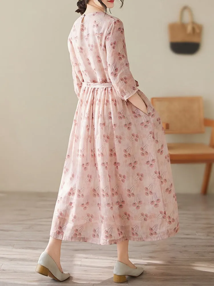 Women Spring Elegant Floral O-Neck Cotton Linen Midi Dresses