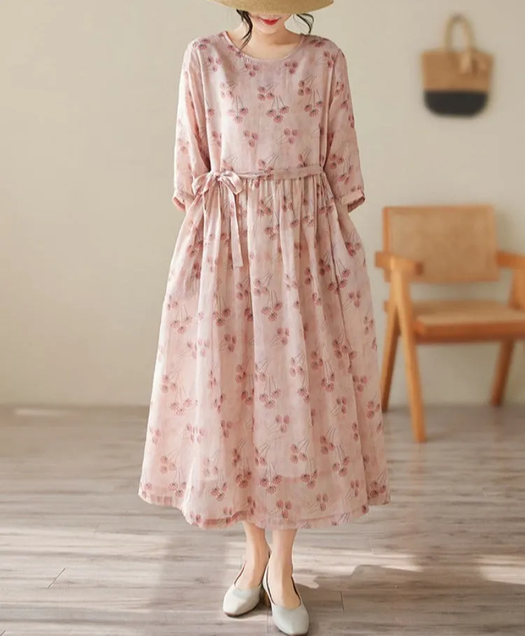 Women Spring Elegant Floral O-Neck Cotton Linen Midi Dresses