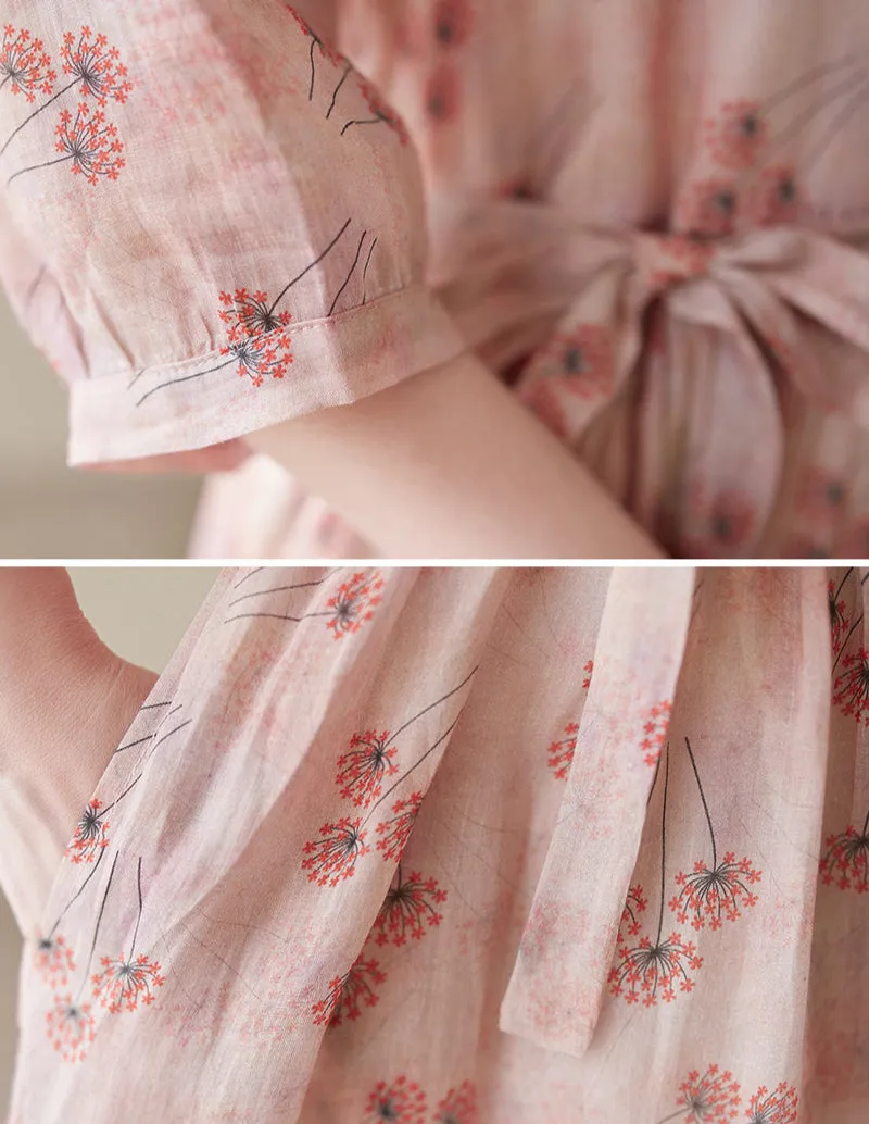 Women Spring Elegant Floral O-Neck Cotton Linen Midi Dresses