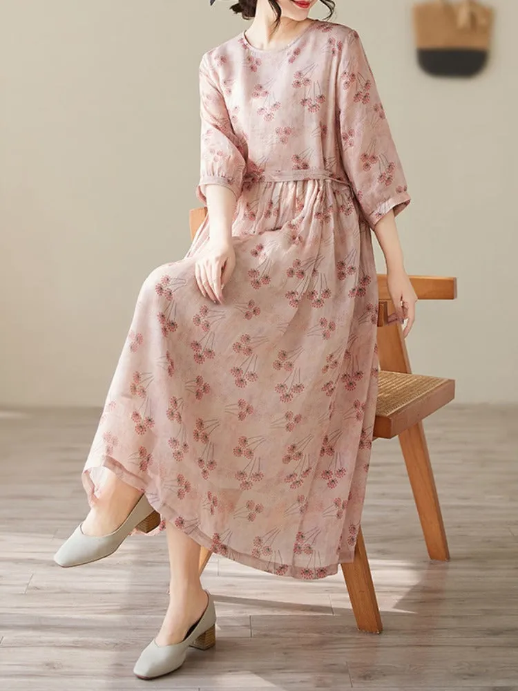 Women Spring Elegant Floral O-Neck Cotton Linen Midi Dresses