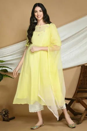 Yellow Kurta Set With Organza Stole