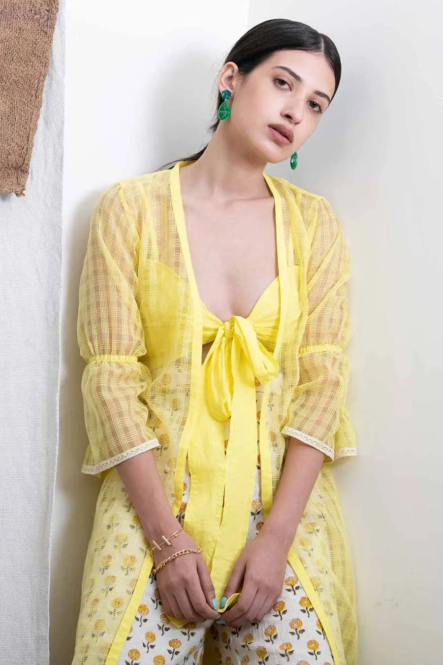 Yellow Print Co-Ord Set With Shrug