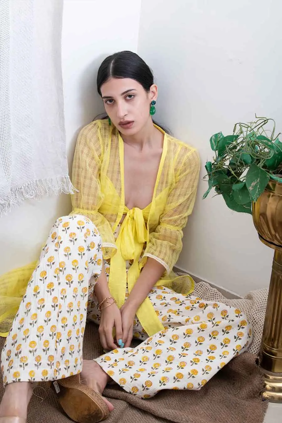 Yellow Print Co-Ord Set With Shrug