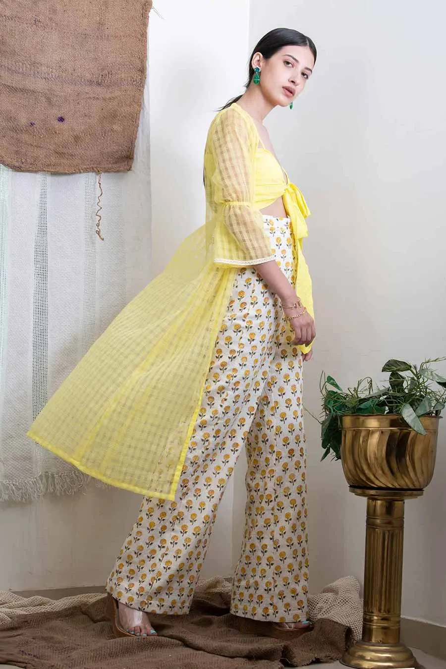 Yellow Print Co-Ord Set With Shrug