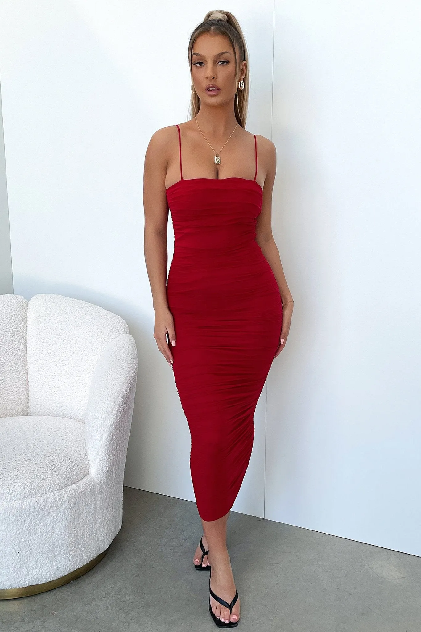 Zena Mesh Full Length Dress - Burgundy