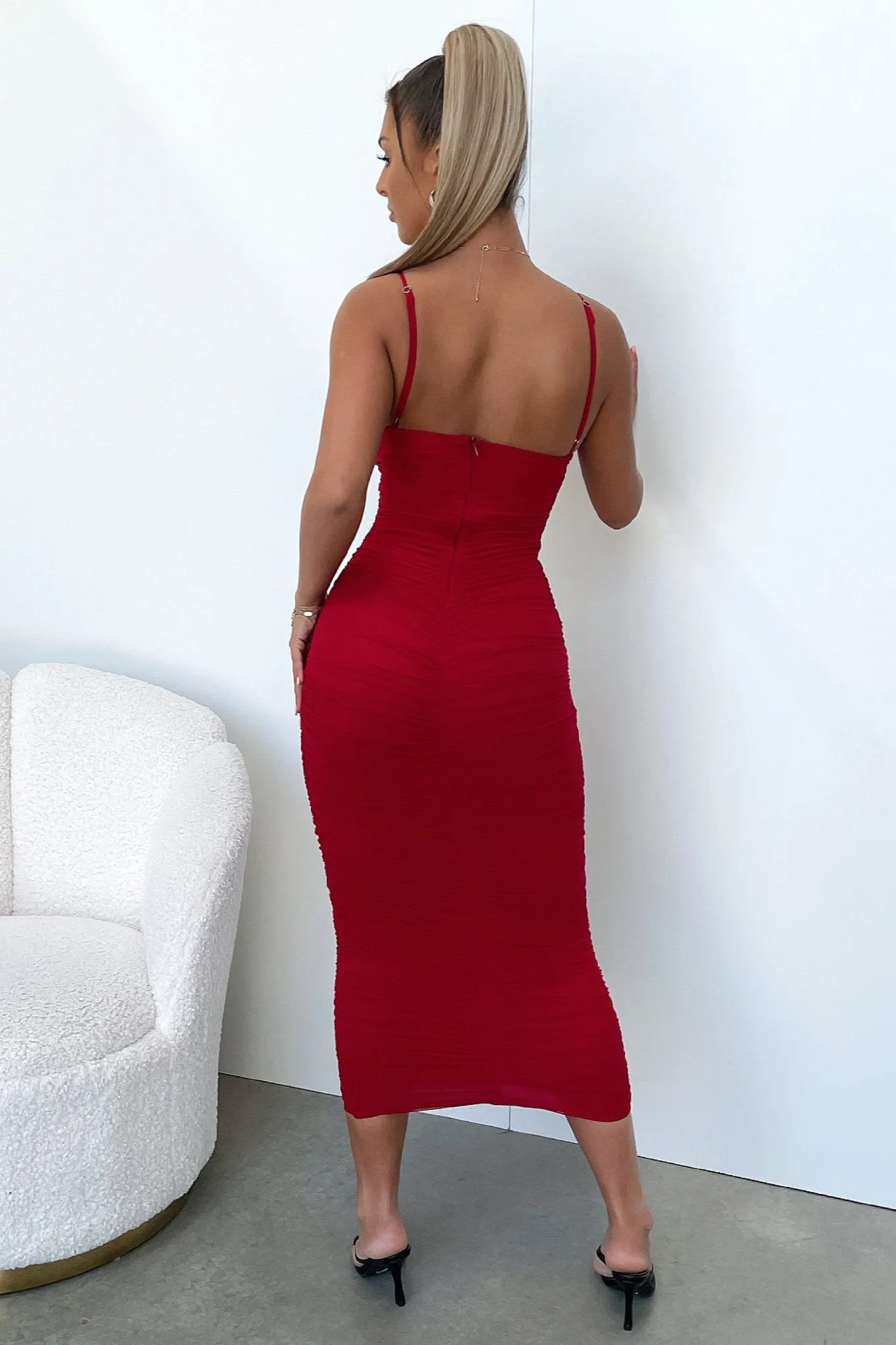 Zena Mesh Full Length Dress - Burgundy