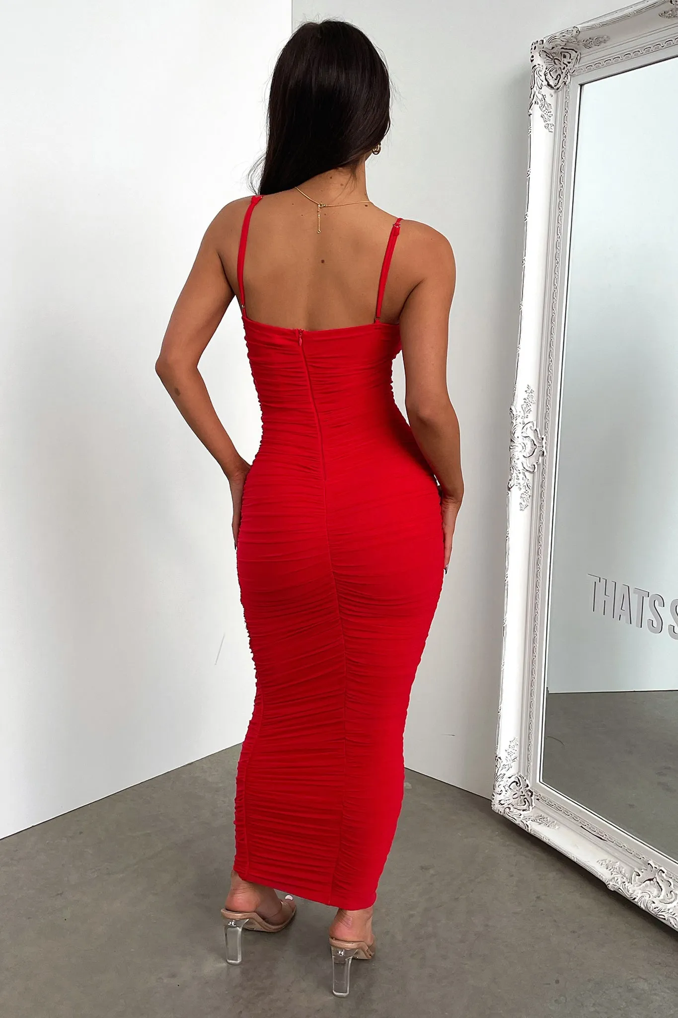 Zena Mesh Full Length Dress - Red