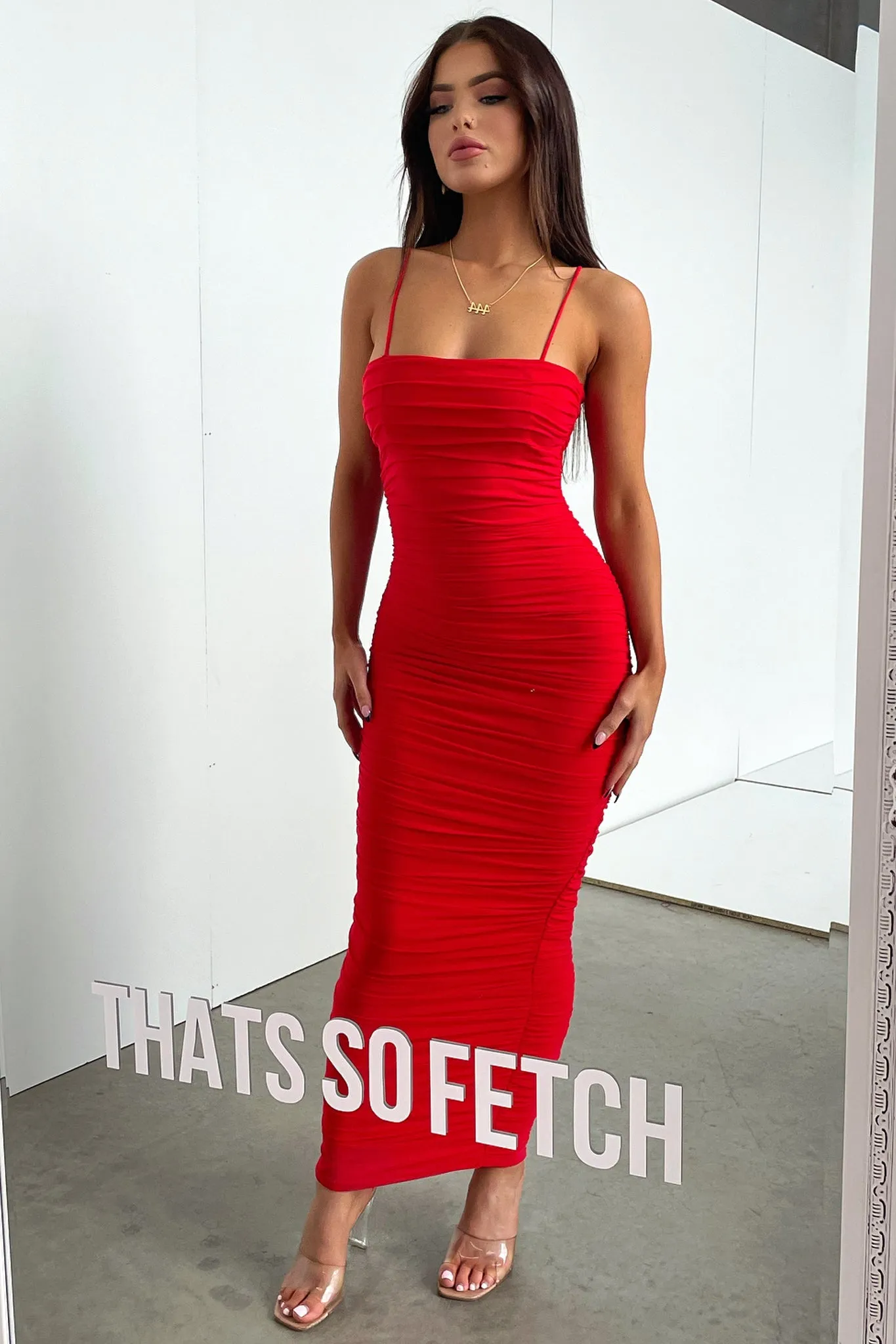 Zena Mesh Full Length Dress - Red